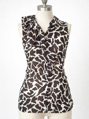 LOFT Brown Cream Animal Print Sleeveless Blouse Asymmetrical Ruffle Collar SMALL